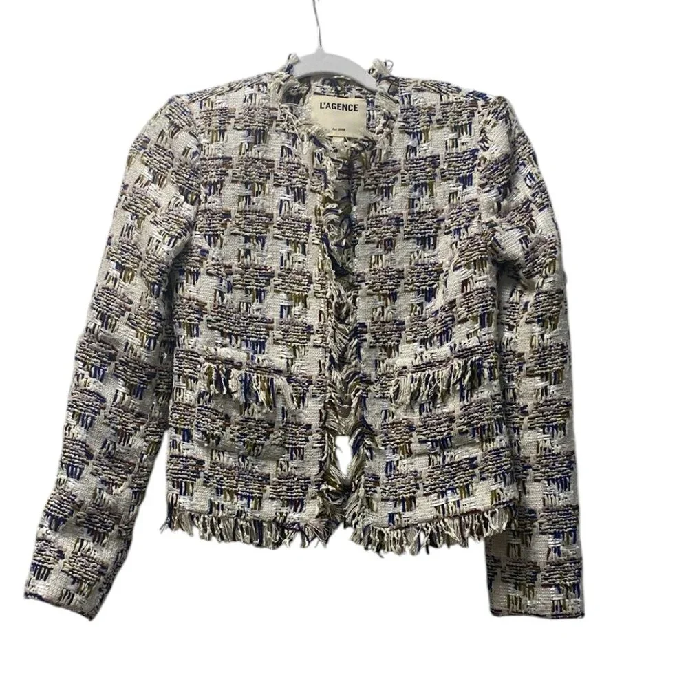 L'AGENCE Cream, Blue Open-front Blazer with Textured Design, Women Size 0